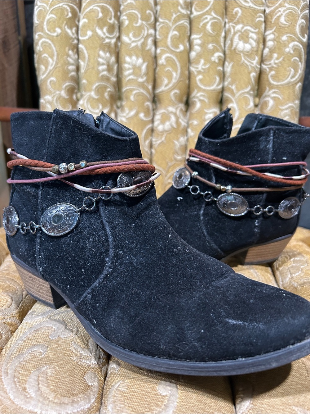 Qupid Black Faux Suede Ankle Booties with Braided and Coin Strap Accents
